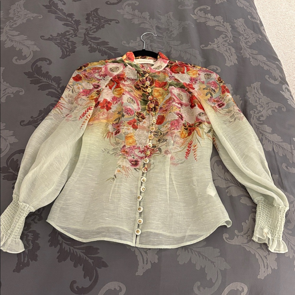 Zimmermann Multicolor Floral long sleeve  Blouse 52% linen 48% silk. Size O